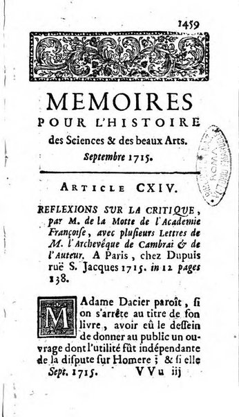 Mémoires pour l'histoire des sciences & des beaux-arts recüeillies par l'ordre de Son Altesse Serenissime Monseigneur Prince souverain de Dombes