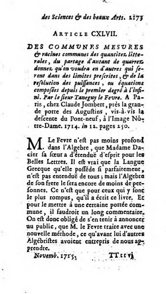 Mémoires pour l'histoire des sciences & des beaux-arts recüeillies par l'ordre de Son Altesse Serenissime Monseigneur Prince souverain de Dombes