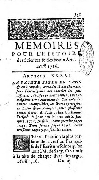 Mémoires pour l'histoire des sciences & des beaux-arts recüeillies par l'ordre de Son Altesse Serenissime Monseigneur Prince souverain de Dombes