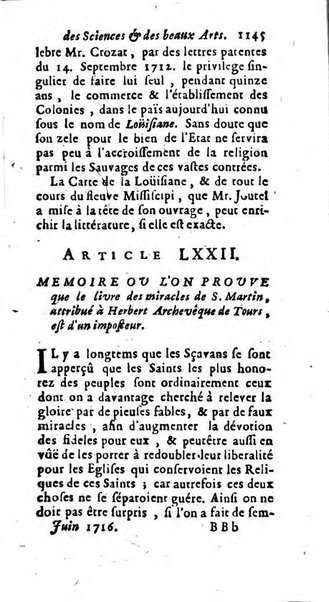 Mémoires pour l'histoire des sciences & des beaux-arts recüeillies par l'ordre de Son Altesse Serenissime Monseigneur Prince souverain de Dombes