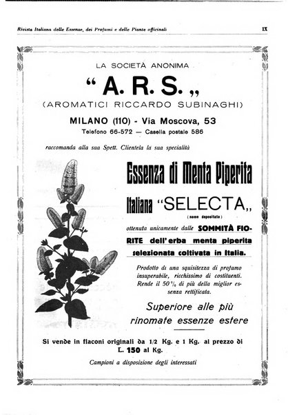 Rivista italiana delle essenze, dei profumi e delle piante officinali organo di propaganda del gruppo produttori materie aromatiche della Federazione nazionale fascista industrie chimiche ed affini