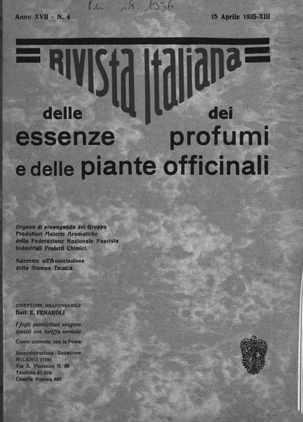 Rivista italiana delle essenze, dei profumi e delle piante officinali organo di propaganda del gruppo produttori materie aromatiche della Federazione nazionale fascista industrie chimiche ed affini