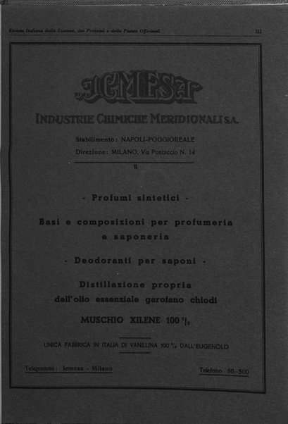 Rivista italiana delle essenze, dei profumi e delle piante officinali organo di propaganda del gruppo produttori materie aromatiche della Federazione nazionale fascista industrie chimiche ed affini