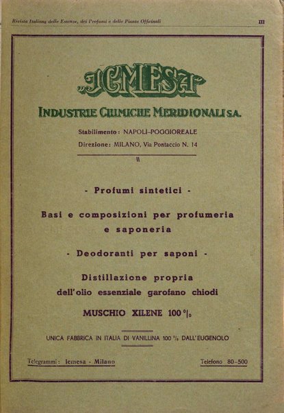 Rivista italiana delle essenze, dei profumi e delle piante officinali organo di propaganda del gruppo produttori materie aromatiche della Federazione nazionale fascista industrie chimiche ed affini