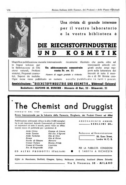 Rivista italiana delle essenze, dei profumi e delle piante officinali organo di propaganda del gruppo produttori materie aromatiche della Federazione nazionale fascista industrie chimiche ed affini