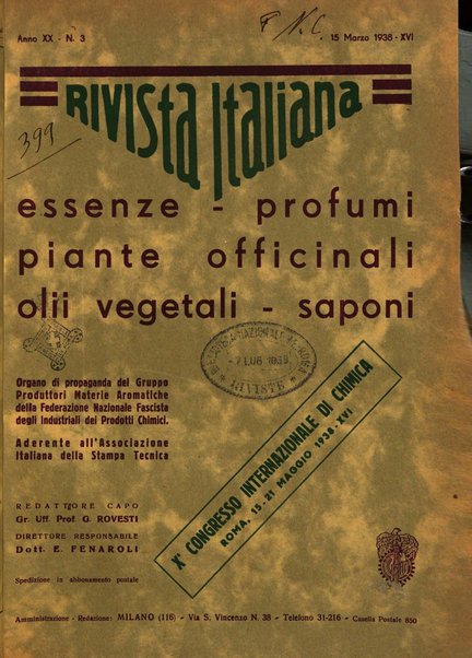 Rivista italiana delle essenze, dei profumi e delle piante officinali organo di propaganda del gruppo produttori materie aromatiche della Federazione nazionale fascista industrie chimiche ed affini