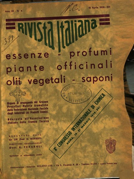 Rivista italiana delle essenze, dei profumi e delle piante officinali organo di propaganda del gruppo produttori materie aromatiche della Federazione nazionale fascista industrie chimiche ed affini