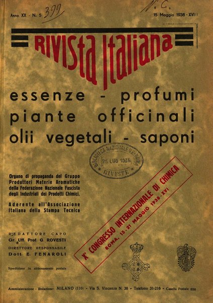 Rivista italiana delle essenze, dei profumi e delle piante officinali organo di propaganda del gruppo produttori materie aromatiche della Federazione nazionale fascista industrie chimiche ed affini