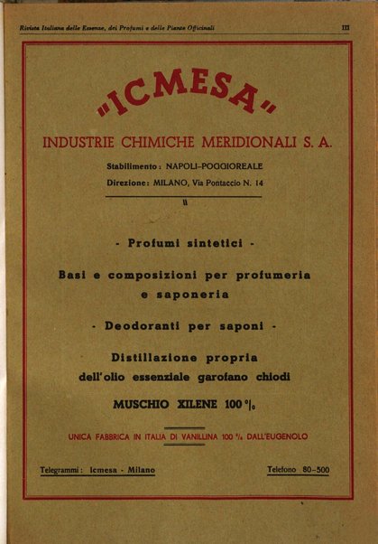 Rivista italiana delle essenze, dei profumi e delle piante officinali organo di propaganda del gruppo produttori materie aromatiche della Federazione nazionale fascista industrie chimiche ed affini