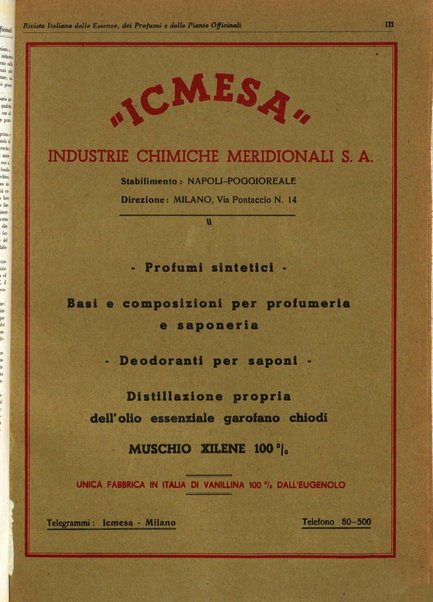 Rivista italiana delle essenze, dei profumi e delle piante officinali organo di propaganda del gruppo produttori materie aromatiche della Federazione nazionale fascista industrie chimiche ed affini