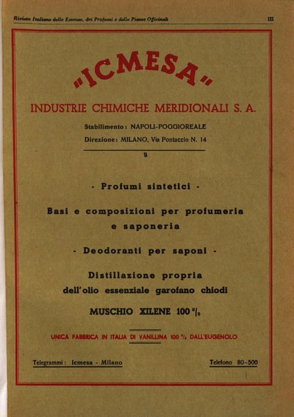 Rivista italiana delle essenze, dei profumi e delle piante officinali organo di propaganda del gruppo produttori materie aromatiche della Federazione nazionale fascista industrie chimiche ed affini