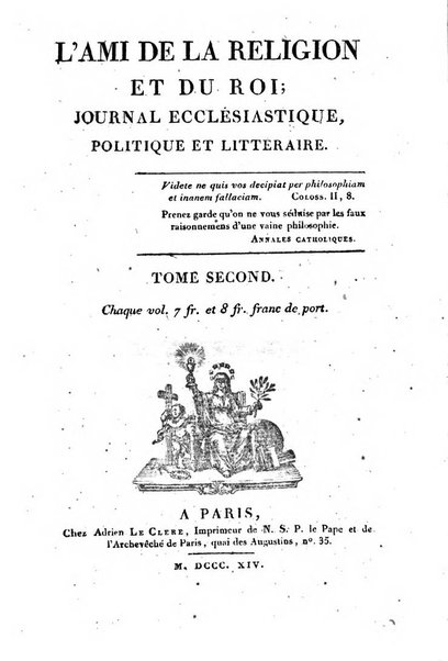 L'ami de la religion et du roi journal ecclesiastique, politique et litteraire