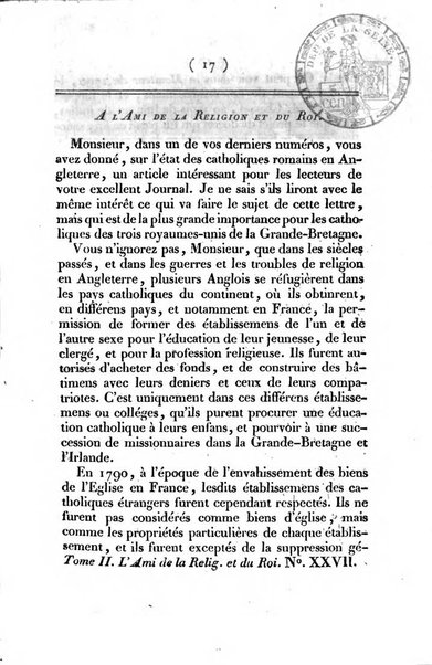 L'ami de la religion et du roi journal ecclesiastique, politique et litteraire