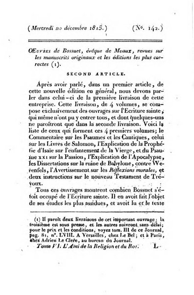 L'ami de la religion et du roi journal ecclesiastique, politique et litteraire