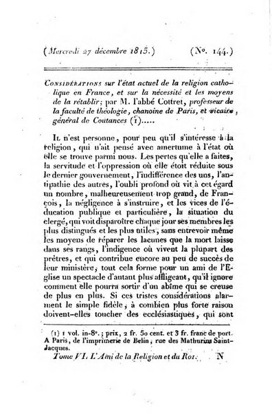 L'ami de la religion et du roi journal ecclesiastique, politique et litteraire