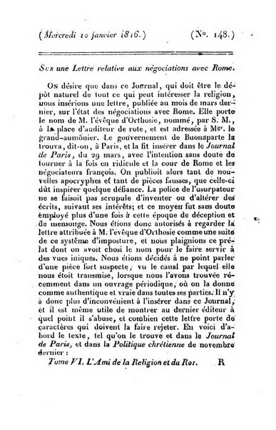 L'ami de la religion et du roi journal ecclesiastique, politique et litteraire