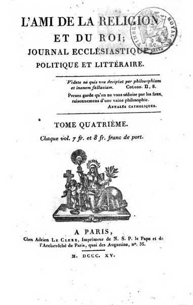 L'ami de la religion et du roi journal ecclesiastique, politique et litteraire