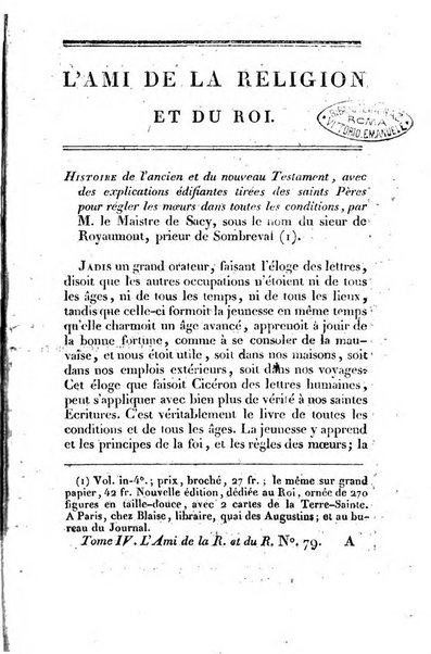 L'ami de la religion et du roi journal ecclesiastique, politique et litteraire