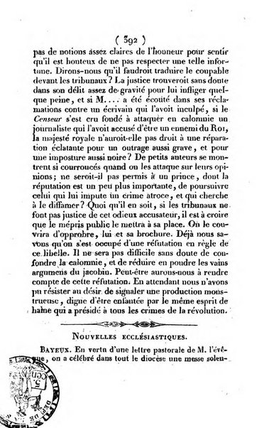 L'ami de la religion et du roi journal ecclesiastique, politique et litteraire