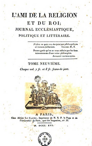 L'ami de la religion et du roi journal ecclesiastique, politique et litteraire