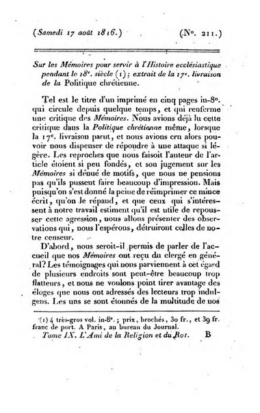 L'ami de la religion et du roi journal ecclesiastique, politique et litteraire