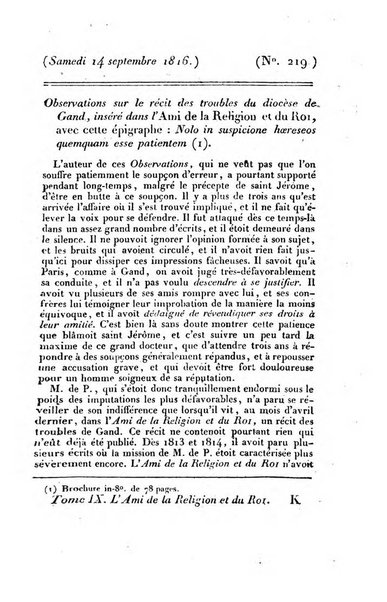 L'ami de la religion et du roi journal ecclesiastique, politique et litteraire