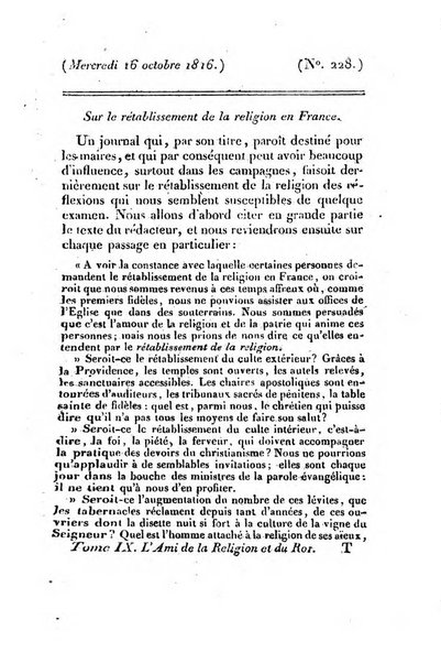 L'ami de la religion et du roi journal ecclesiastique, politique et litteraire