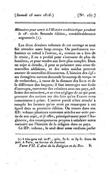 L'ami de la religion et du roi journal ecclesiastique, politique et litteraire