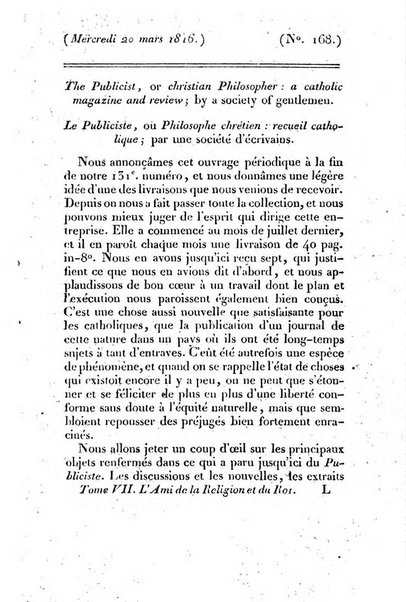 L'ami de la religion et du roi journal ecclesiastique, politique et litteraire