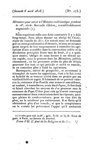 L'ami de la religion et du roi journal ecclesiastique, politique et litteraire