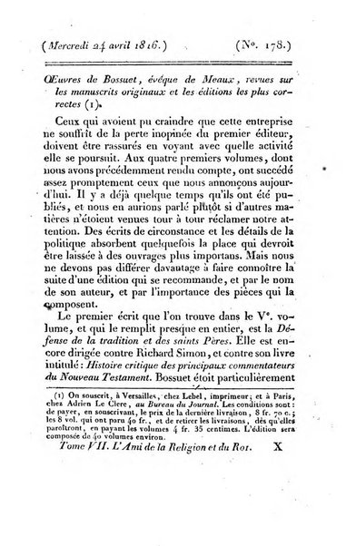 L'ami de la religion et du roi journal ecclesiastique, politique et litteraire