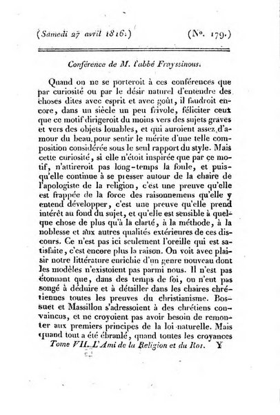 L'ami de la religion et du roi journal ecclesiastique, politique et litteraire