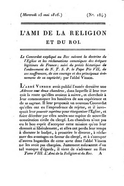 L'ami de la religion et du roi journal ecclesiastique, politique et litteraire