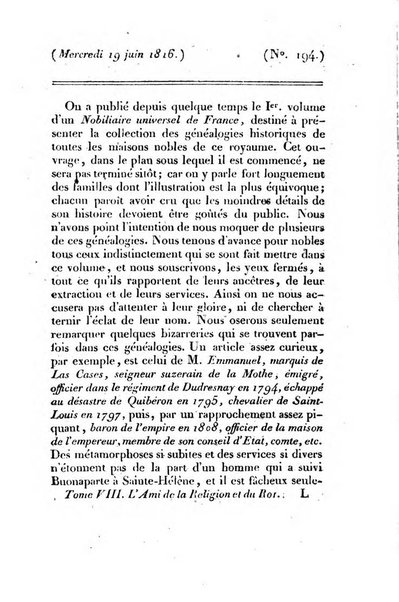 L'ami de la religion et du roi journal ecclesiastique, politique et litteraire