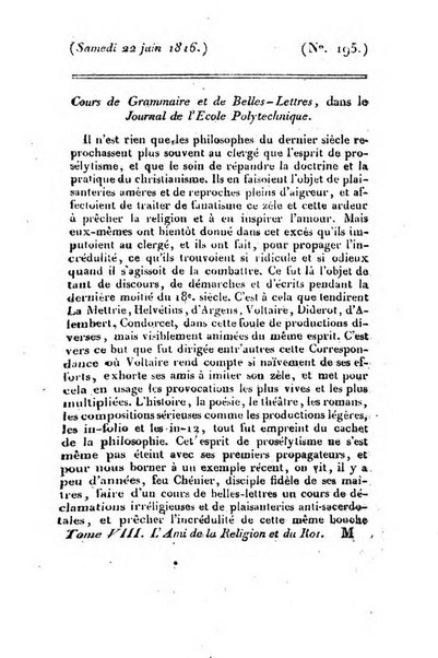 L'ami de la religion et du roi journal ecclesiastique, politique et litteraire