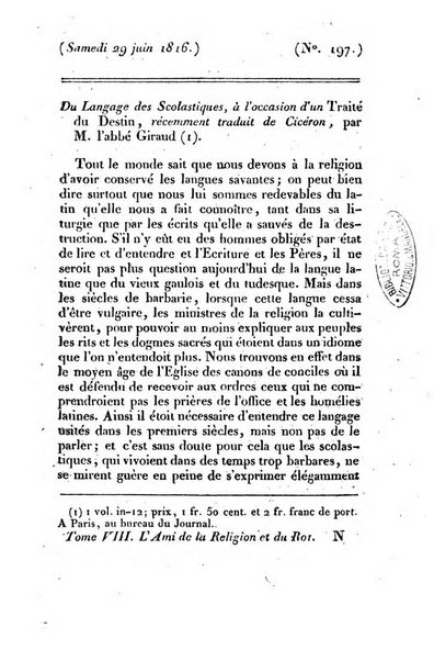 L'ami de la religion et du roi journal ecclesiastique, politique et litteraire