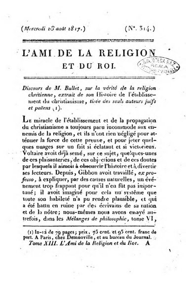 L'ami de la religion et du roi journal ecclesiastique, politique et litteraire