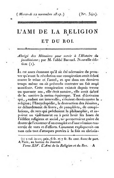 L'ami de la religion et du roi journal ecclesiastique, politique et litteraire