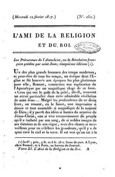 L'ami de la religion et du roi journal ecclesiastique, politique et litteraire