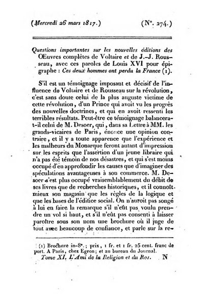 L'ami de la religion et du roi journal ecclesiastique, politique et litteraire