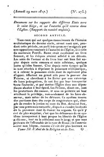 L'ami de la religion et du roi journal ecclesiastique, politique et litteraire