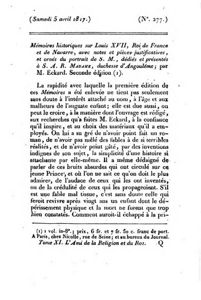 L'ami de la religion et du roi journal ecclesiastique, politique et litteraire