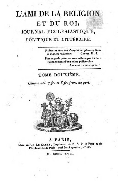 L'ami de la religion et du roi journal ecclesiastique, politique et litteraire