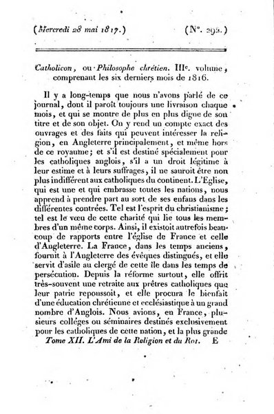 L'ami de la religion et du roi journal ecclesiastique, politique et litteraire