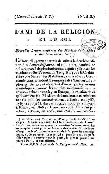 L'ami de la religion et du roi journal ecclesiastique, politique et litteraire