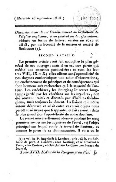 L'ami de la religion et du roi journal ecclesiastique, politique et litteraire