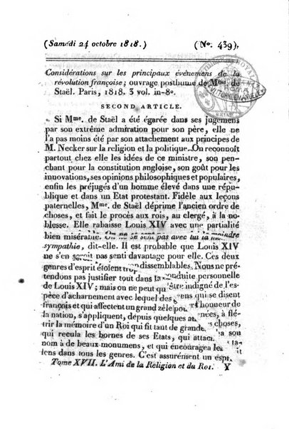 L'ami de la religion et du roi journal ecclesiastique, politique et litteraire