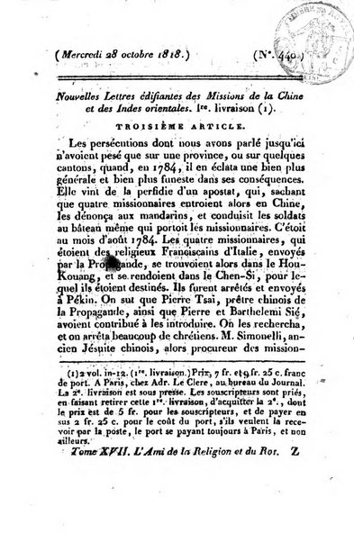 L'ami de la religion et du roi journal ecclesiastique, politique et litteraire