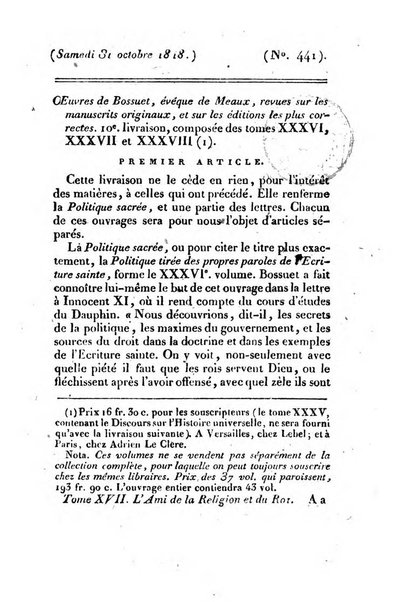 L'ami de la religion et du roi journal ecclesiastique, politique et litteraire