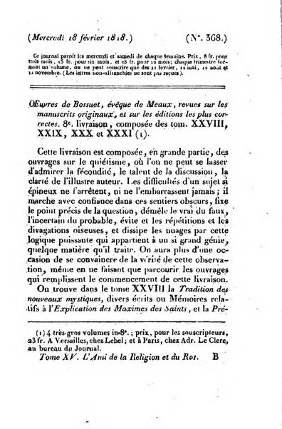 L'ami de la religion et du roi journal ecclesiastique, politique et litteraire